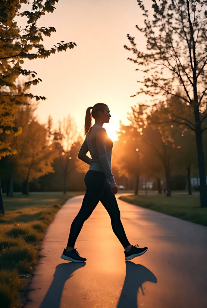 Woman walking briskly along a sunlit park path, illustrating effective walking plan ideas for weight loss.