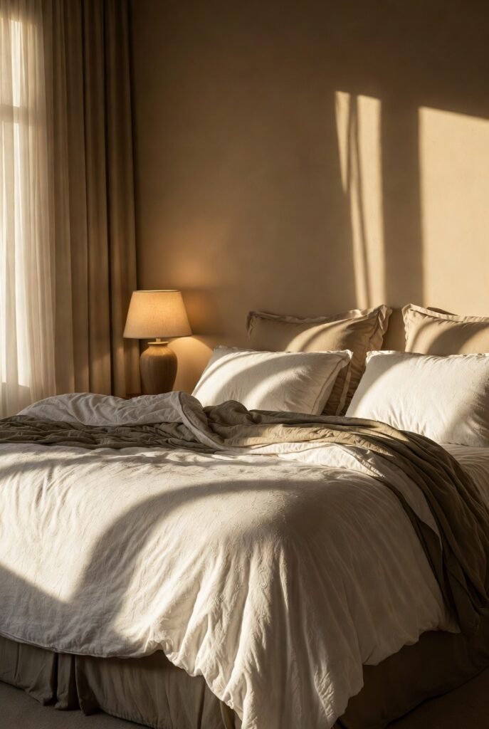Beautifully styled bedroom with layered linens, ambient lighting, and a cozy reading nook, showcasing bedroom setup ideas