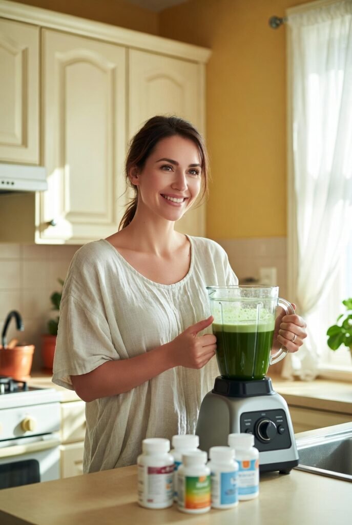 Assortment of energy-boosting supplements for women arranged on a kitchen counter, supporting a balanced daily wellness routine