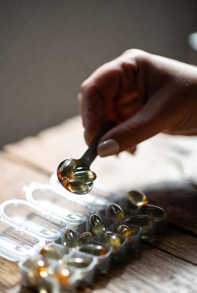 Bottle of Omega-3 fish oil softgel capsules on a kitchen counter, illustrating the health benefits and recommended daily dosage