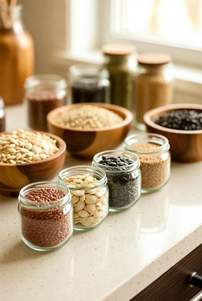 Assortment of flax, pumpkin, sunflower, and sesame seeds arranged for seed cycling to support natural hormone balance