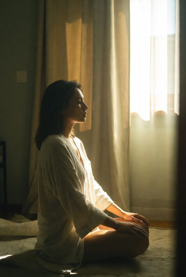 Woman practicing calm breathing techniques at home, illustrating anxiety relief tips that help soothe the mind
