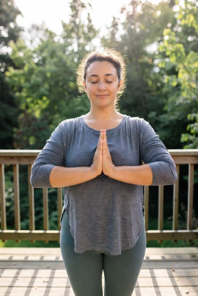 Beginner practicing yoga for weight loss in a calming outdoor setting, showcasing an easy starter pose for new yogis
