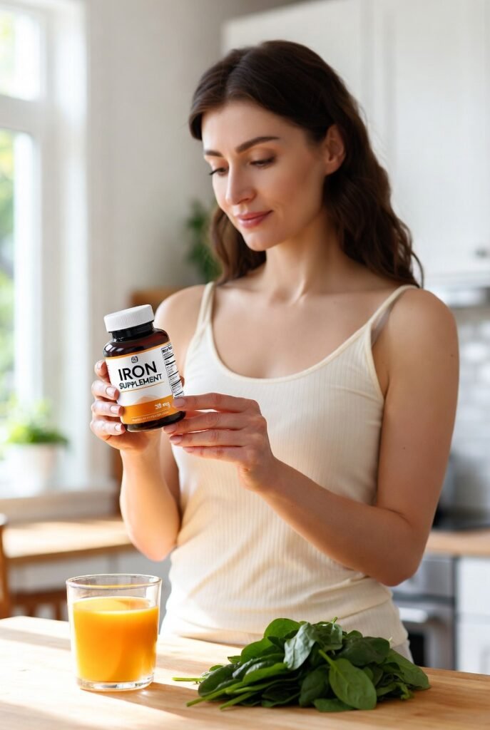 Woman reviewing an iron supplement bottle beside orange juice and iron-rich foods, illustrating a complete iron supplement guide for women