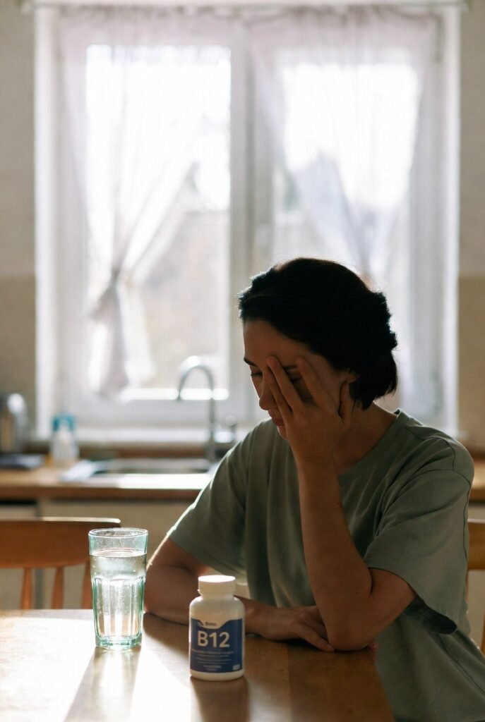 Person reviewing B12 supplement options on a kitchen table, illustrating signs of B12 deficiency and how to choose the right supplement.