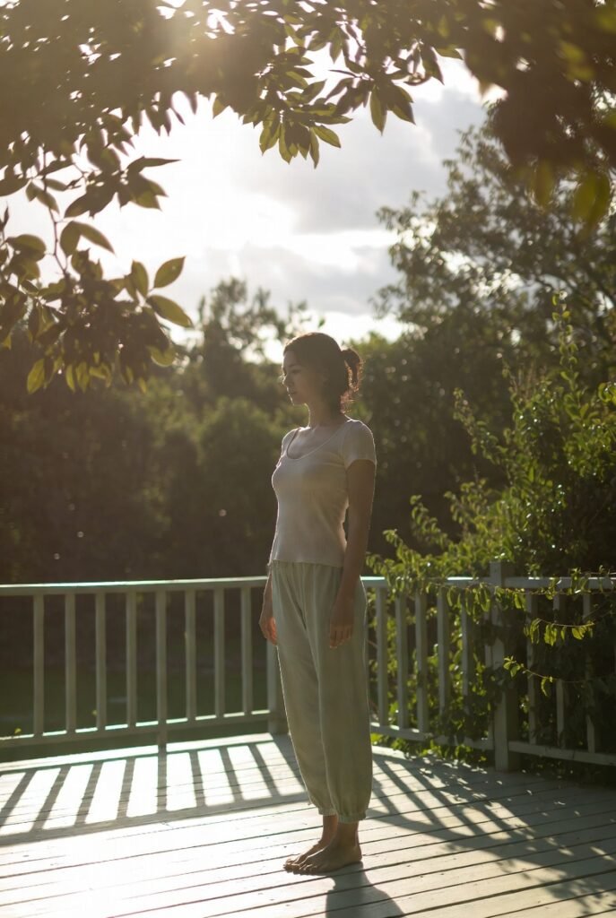 Woman practicing a beginner-friendly standing yoga pose outdoors, illustrating foundational poses for a beginner's yoga guide