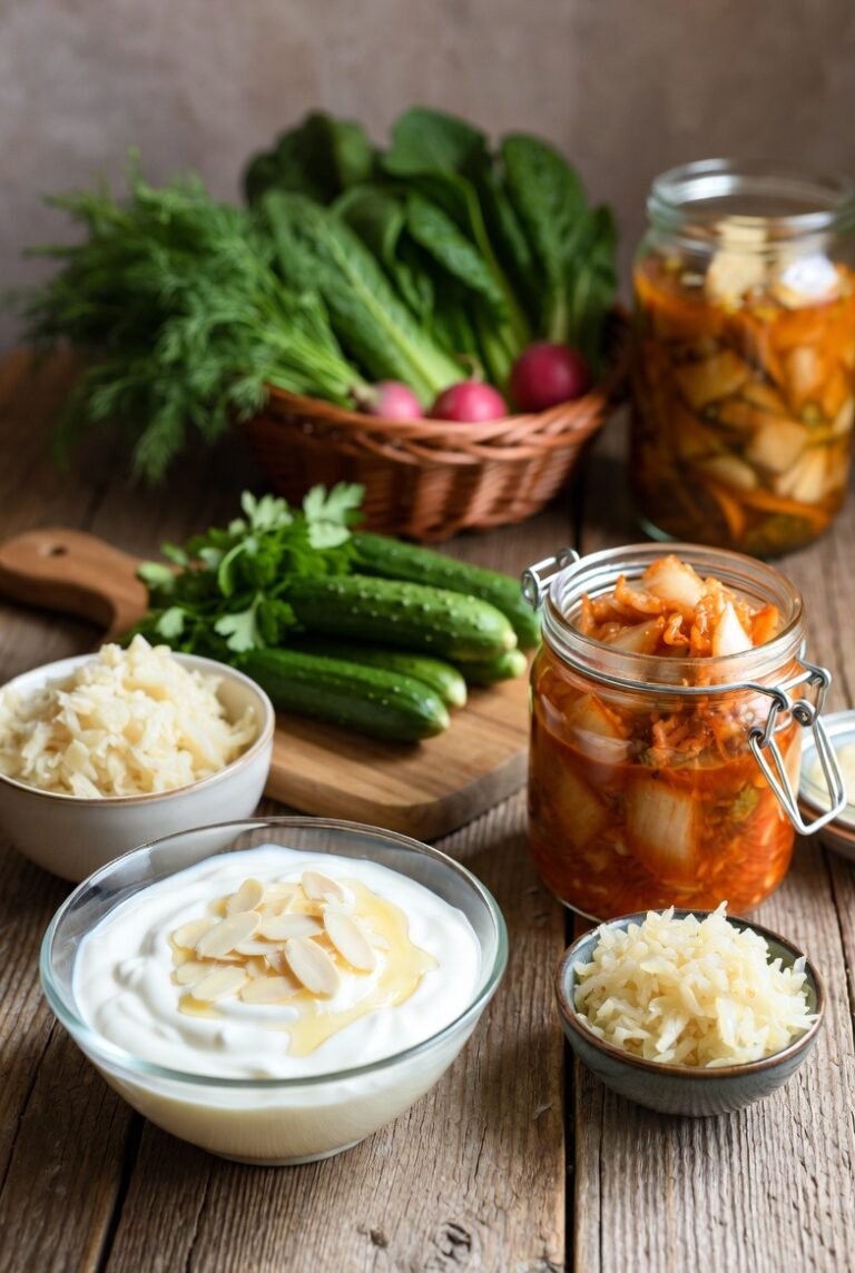 Assortment of gut-friendly foods including yogurt, kimchi, and fresh vegetables, promoting digestive health and wellness