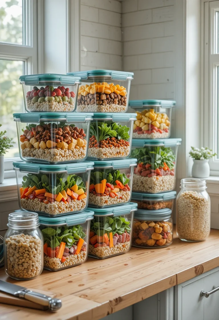 Healthy meal prep ideas for the week featuring organized containers of breakfast, lunch, dinner, and snack options that save time.
