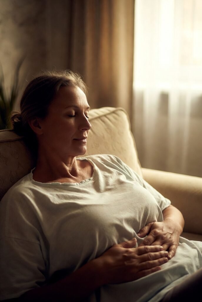 Woman gently holding her stomach for bloating relief, illustrating fast, in-the-moment remedies that actually work