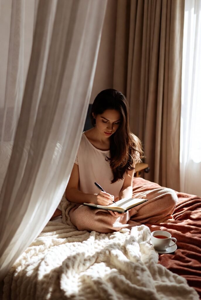 Woman writing in a journal by a sunlit window, illustrating journaling prompts for self-growth and personal transformation