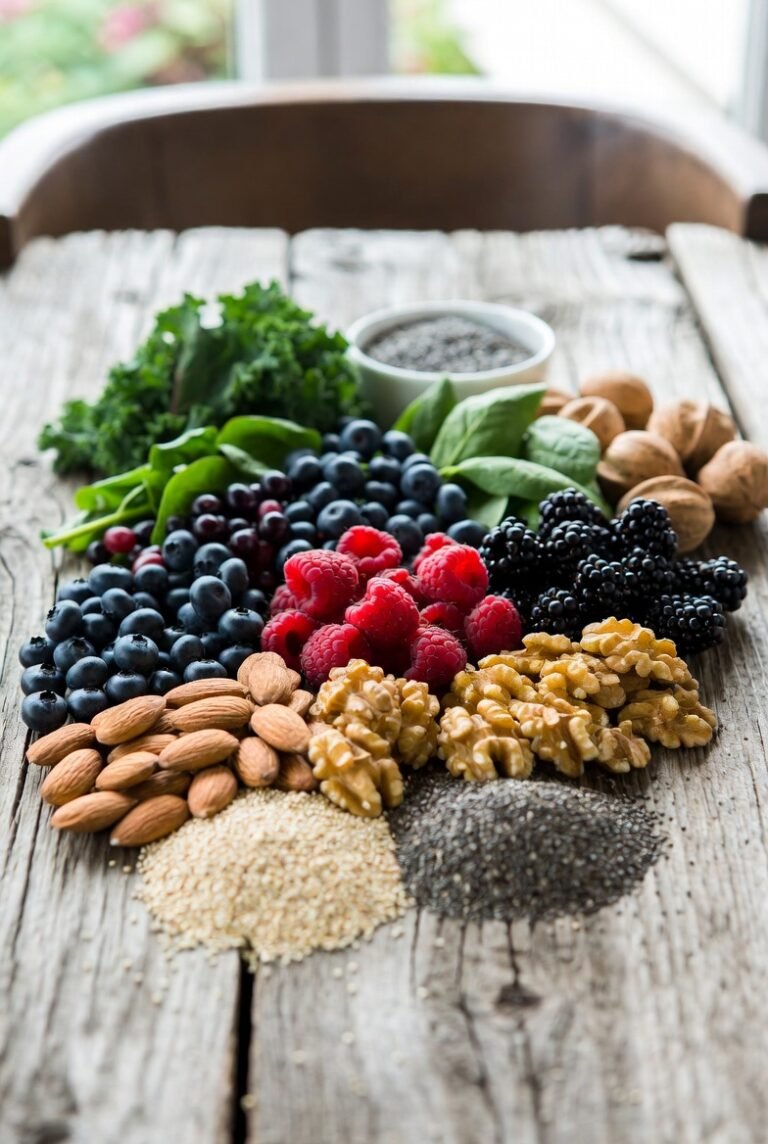 Colorful spread of superfoods including berries, leafy greens, grains, and healthy fats, illustrating a superfoods list with health benefits.